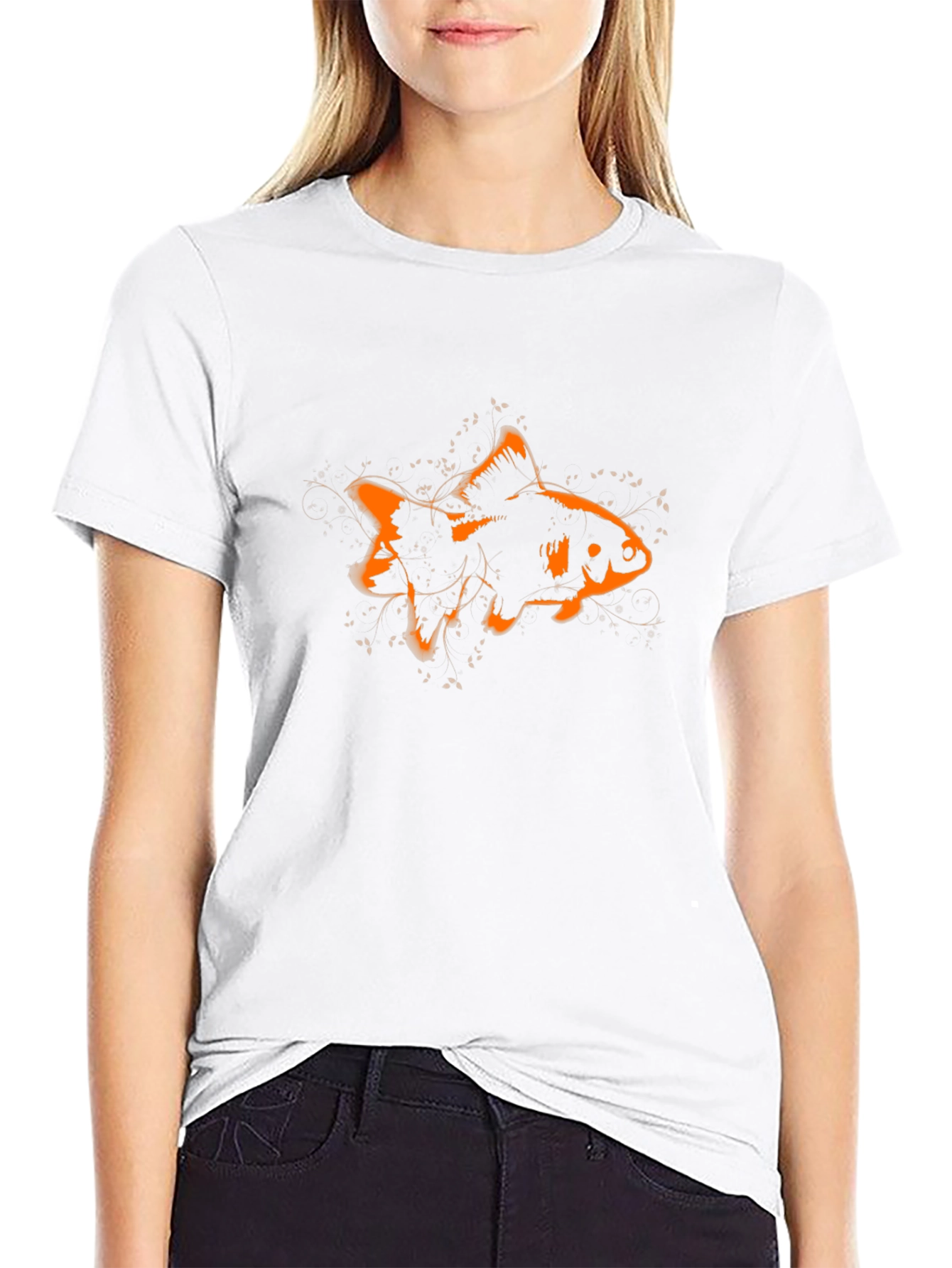 Stylish Black Tee with Orange Goldfish Graphic Print