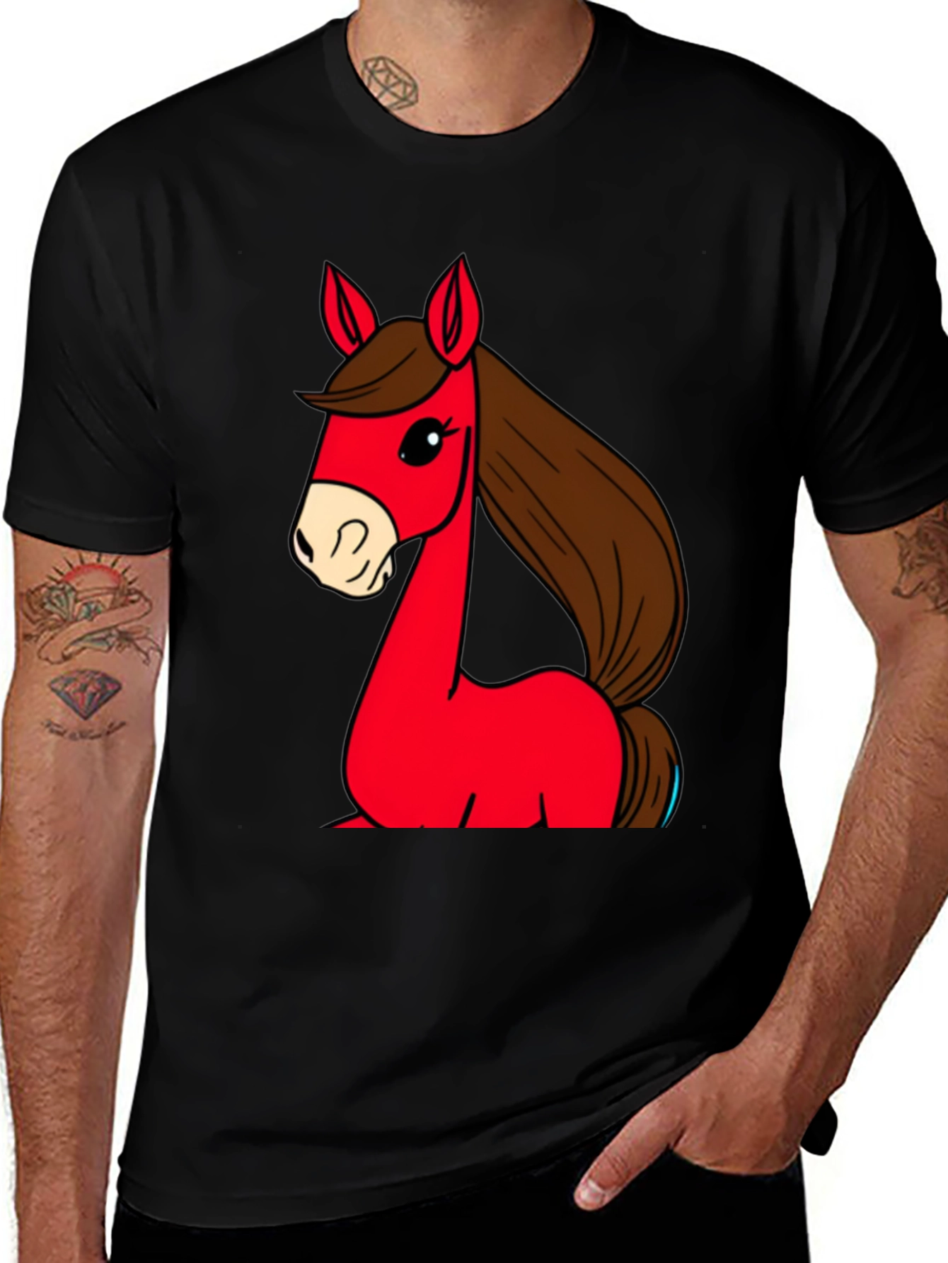 Cartoon Horse Graphic Tee - Unisex Black T-Shirt