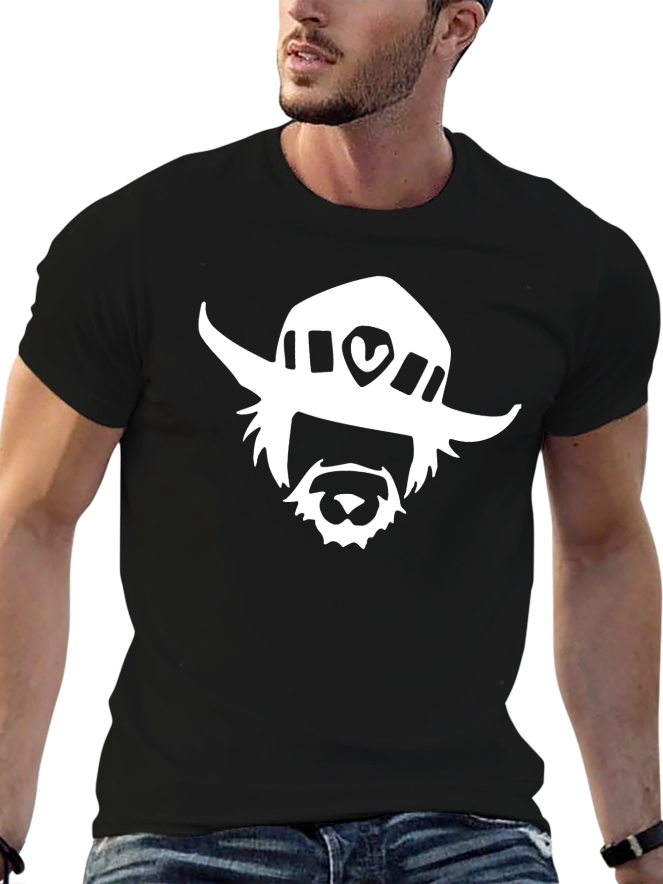 Black T-Shirt with White Cartoon Face Graphic