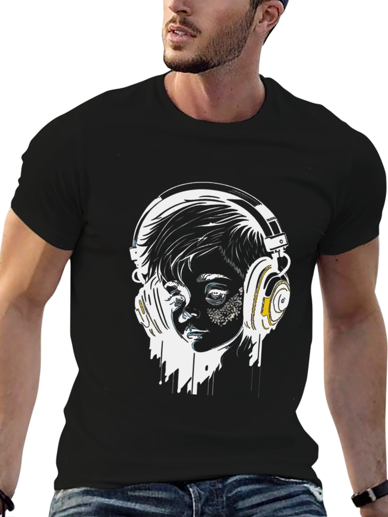 Headphones Graphic Tee - Stylish Black T-Shirt