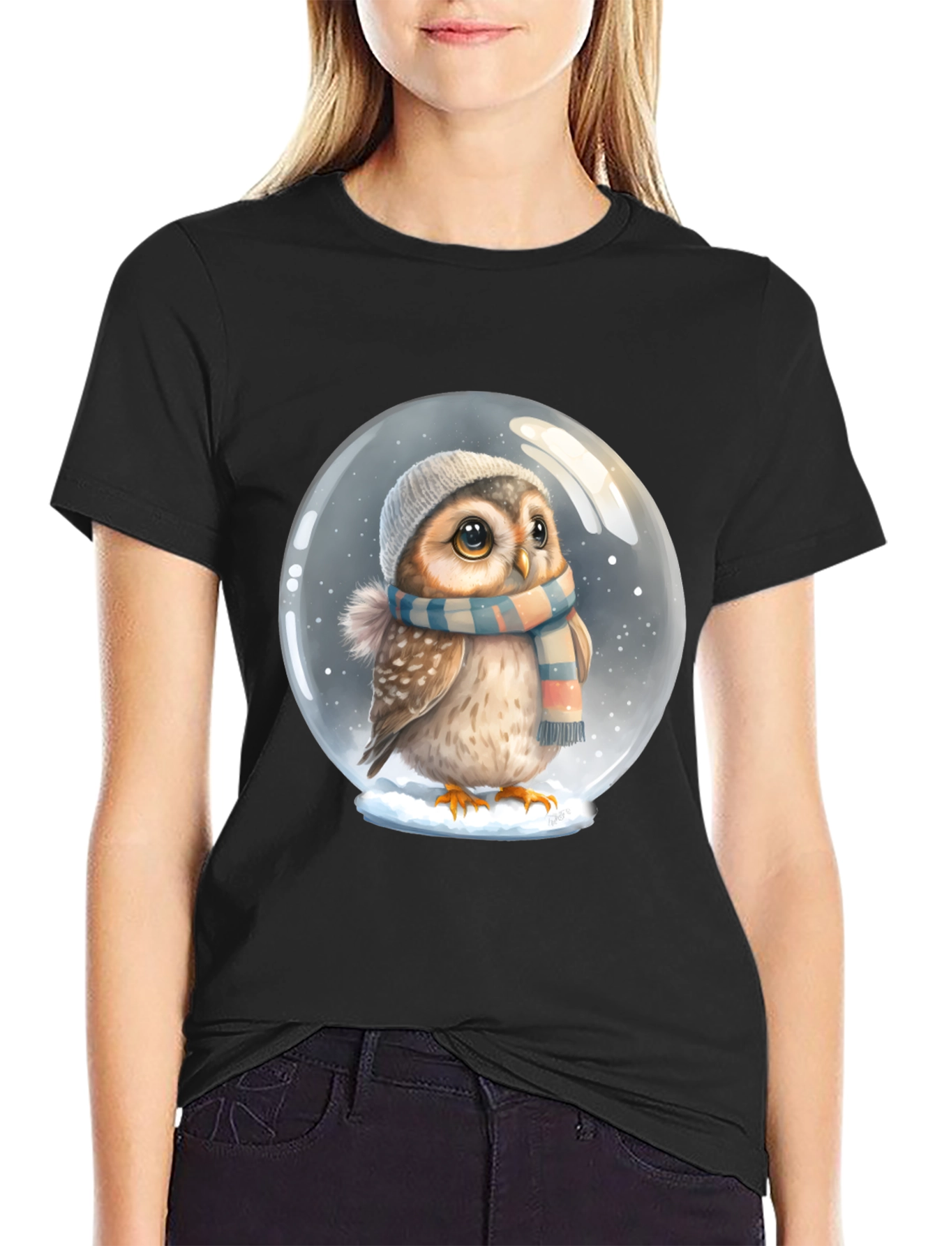 Cute Owl in Snow Globe Black T-Shirt