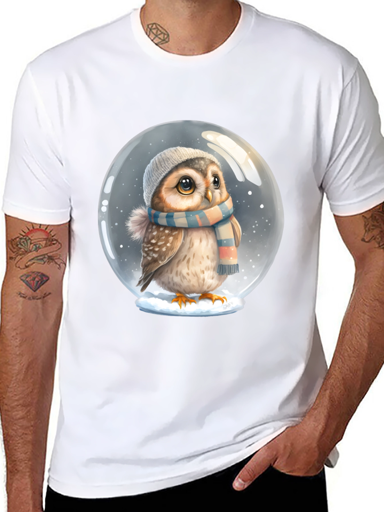 Cute Owl in Snow Globe Black T-Shirt