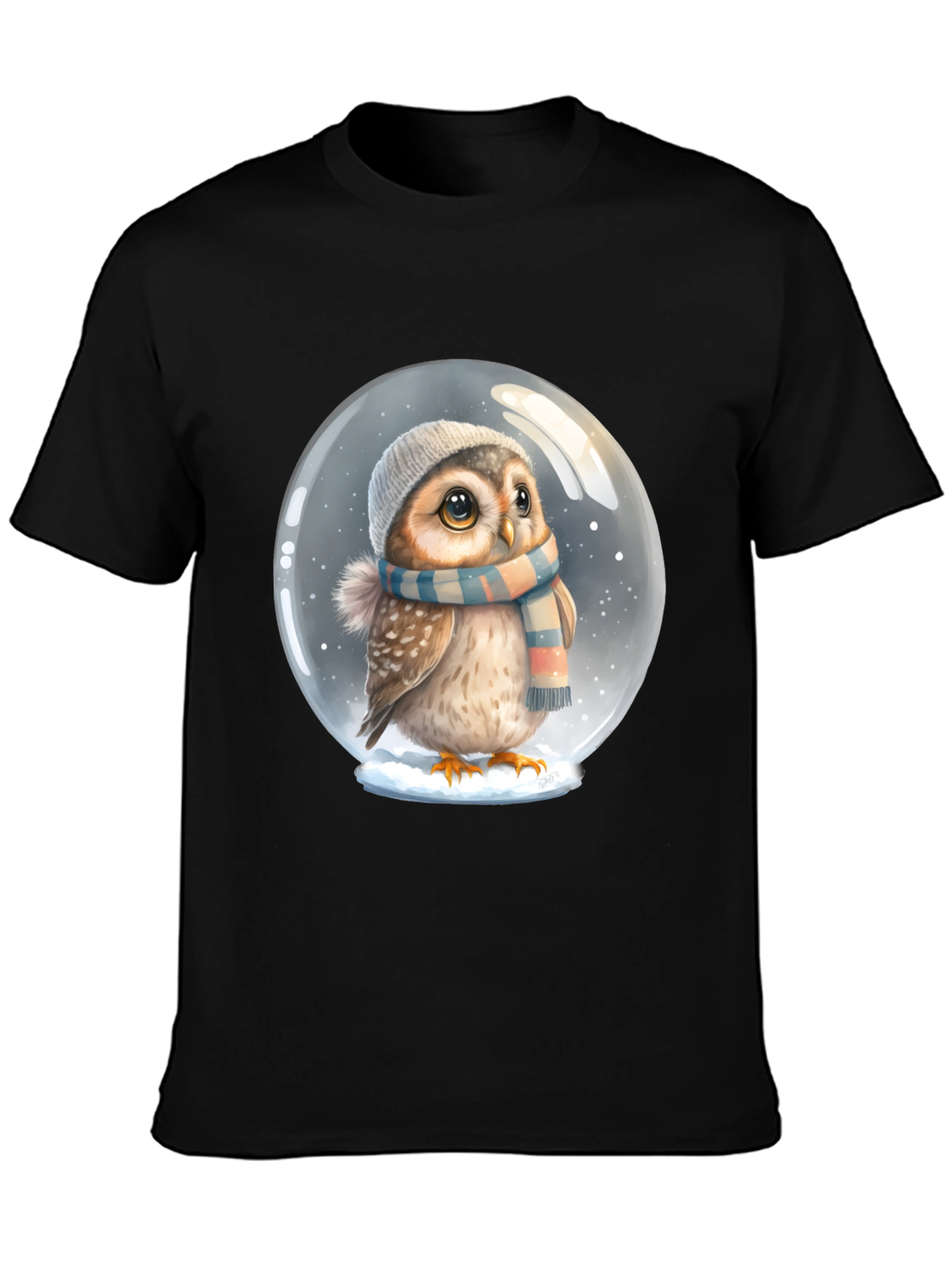 Cute Owl in Snow Globe Black T-Shirt