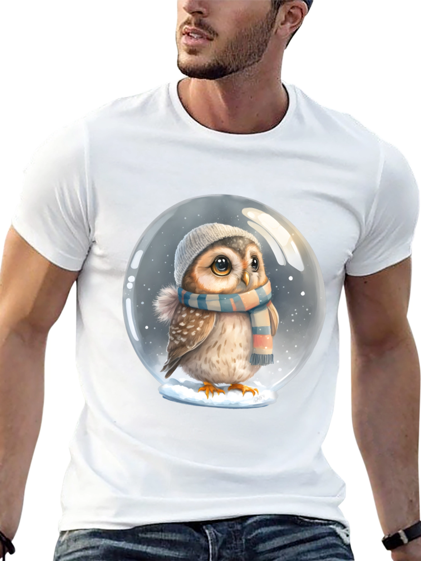 Cute Owl in Snow Globe Black T-Shirt