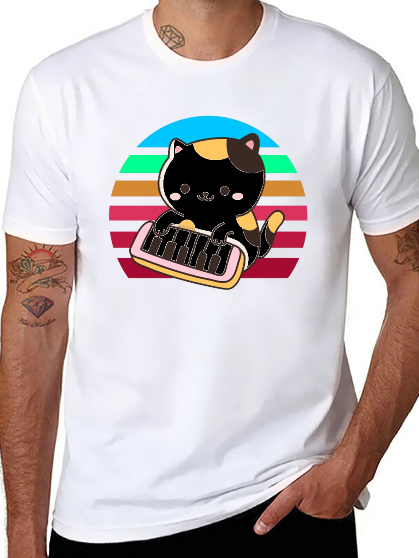 Cat Keyboardist T-Shirt - Retro Sunset Design