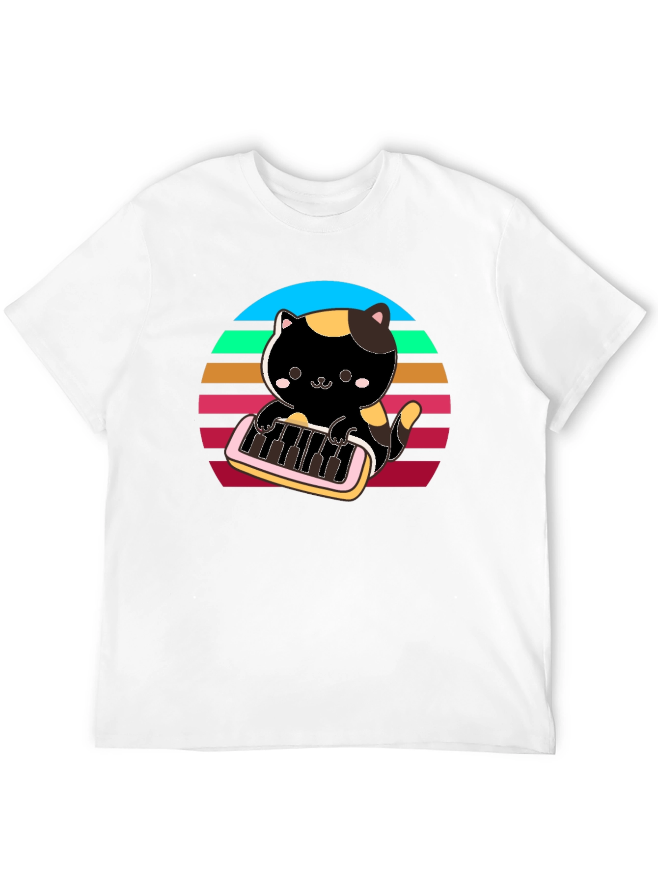 Cat Keyboardist T-Shirt - Retro Sunset Design