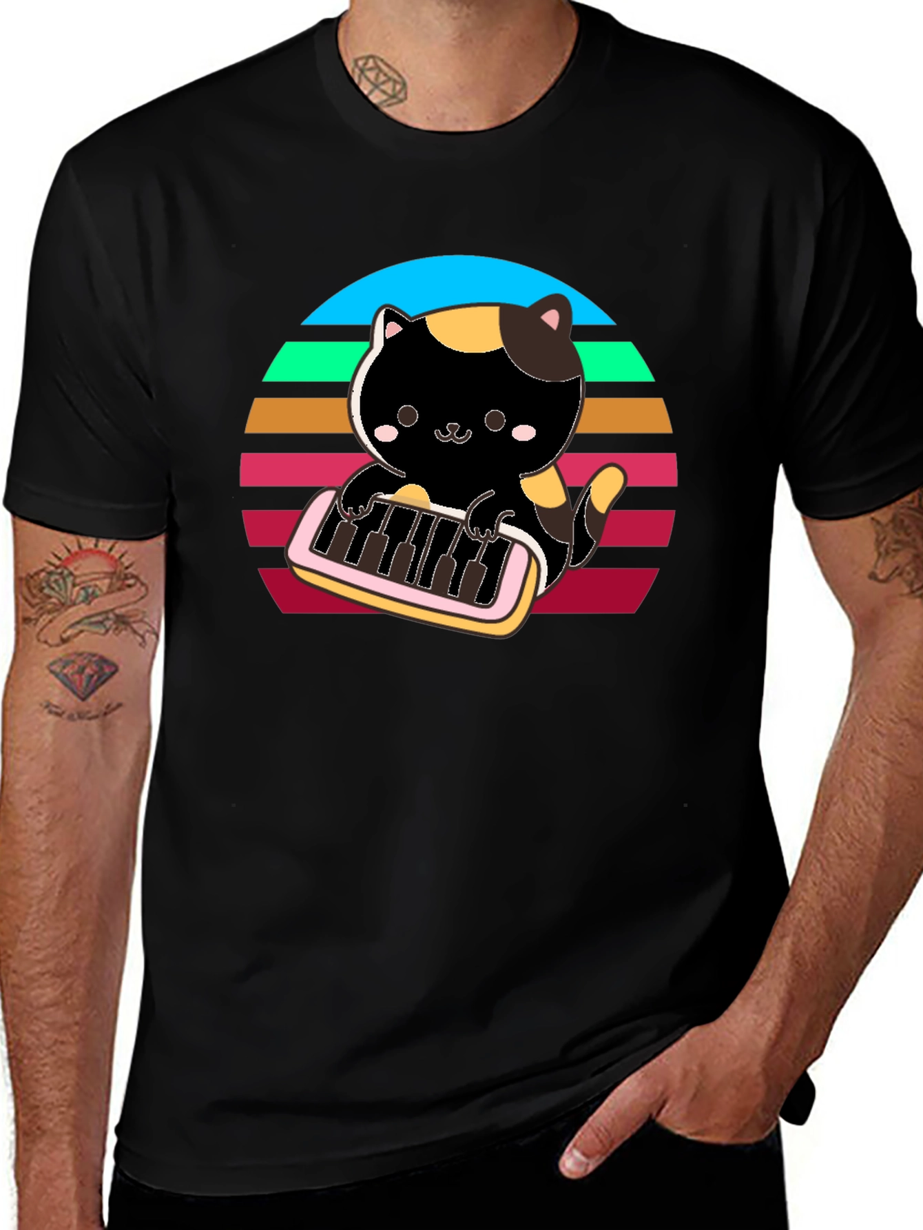 Cat Keyboardist T-Shirt - Retro Sunset Design