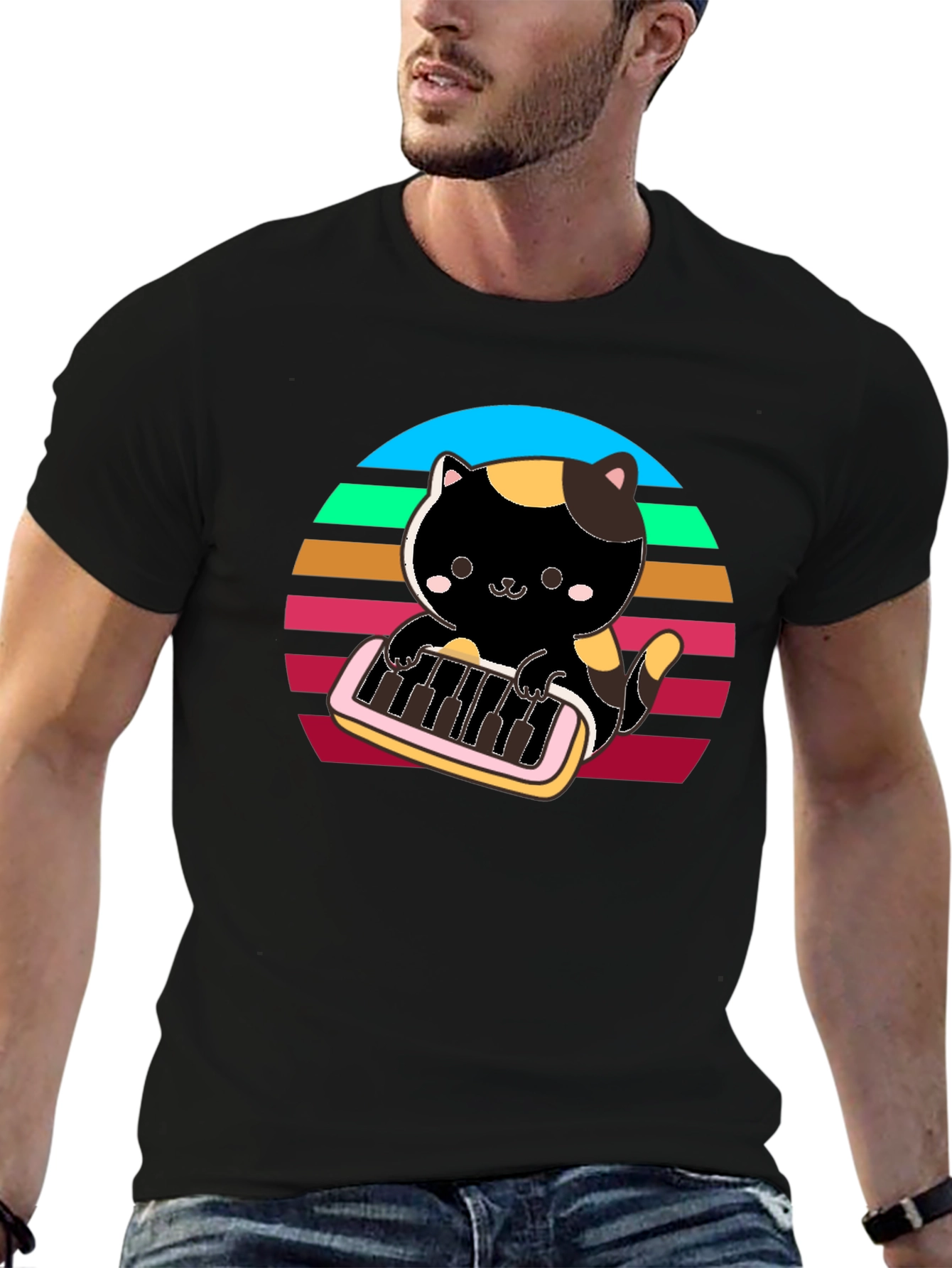 Cat Keyboardist T-Shirt - Retro Sunset Design