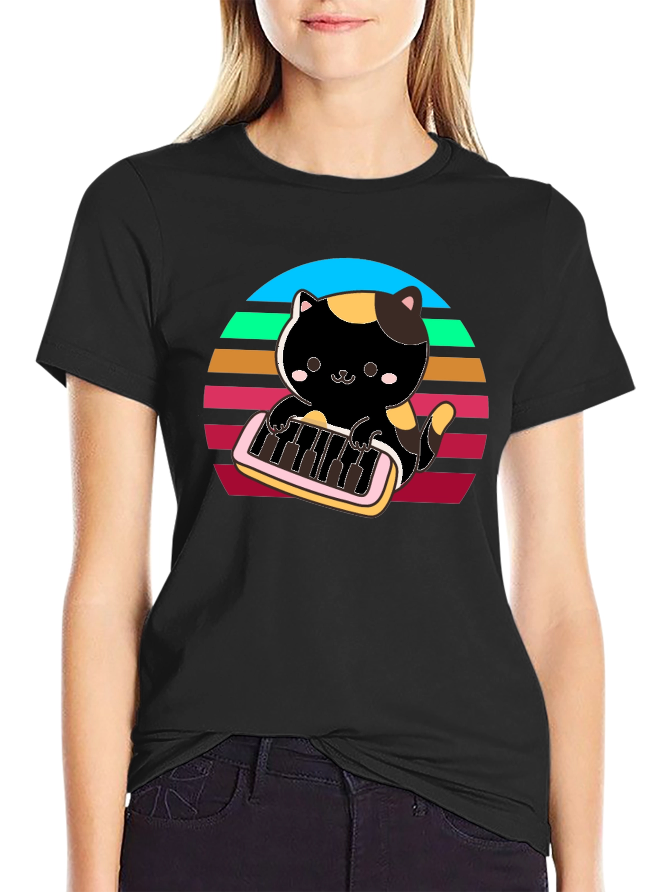 Cat Keyboardist T-Shirt - Retro Sunset Design