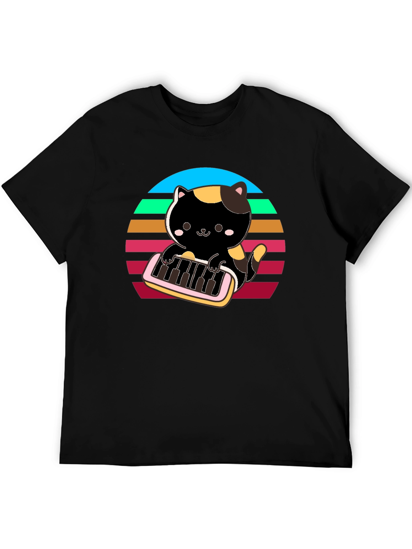 Cat Keyboardist T-Shirt - Retro Sunset Design