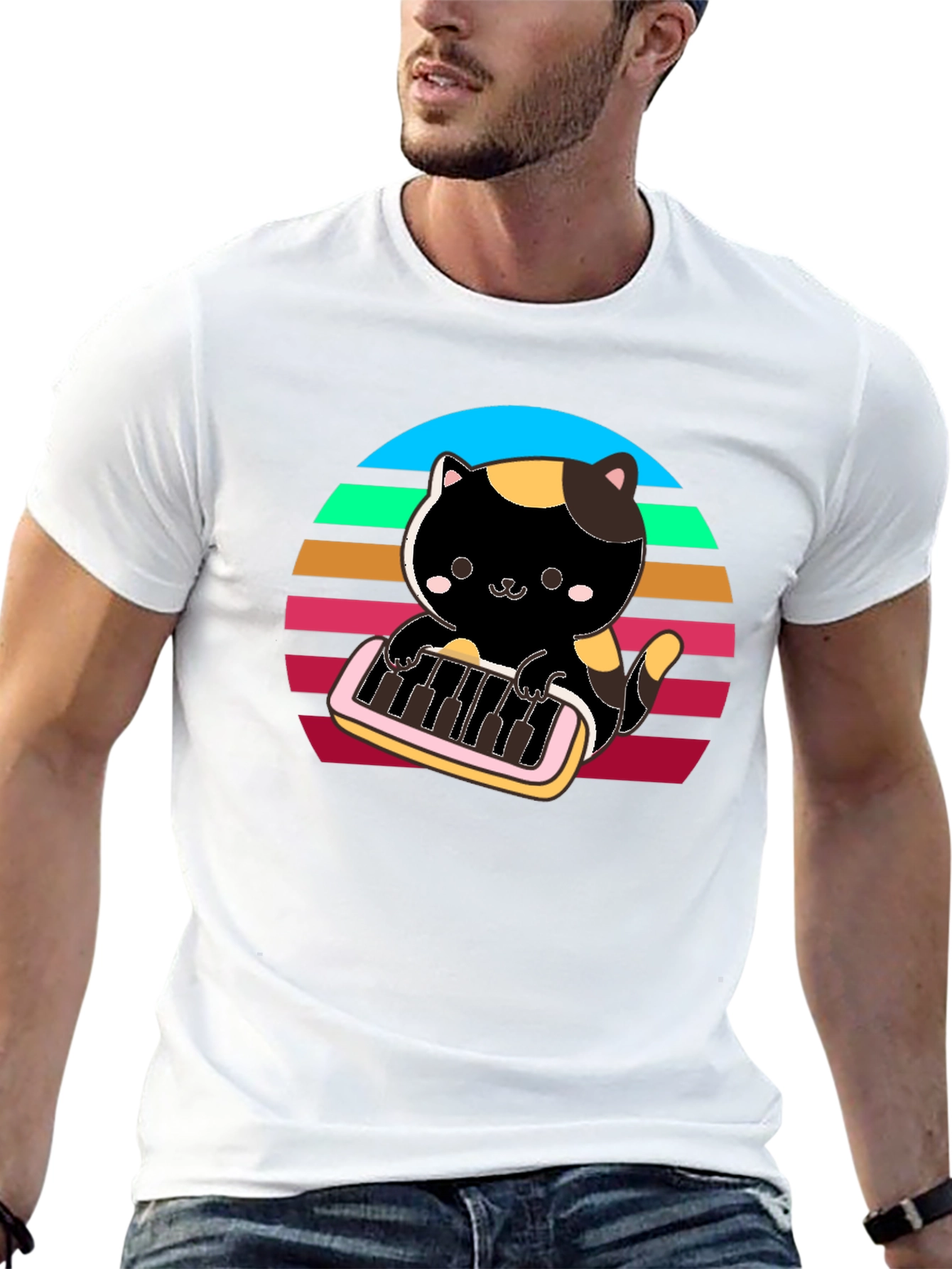 Cat Keyboardist T-Shirt - Retro Sunset Design