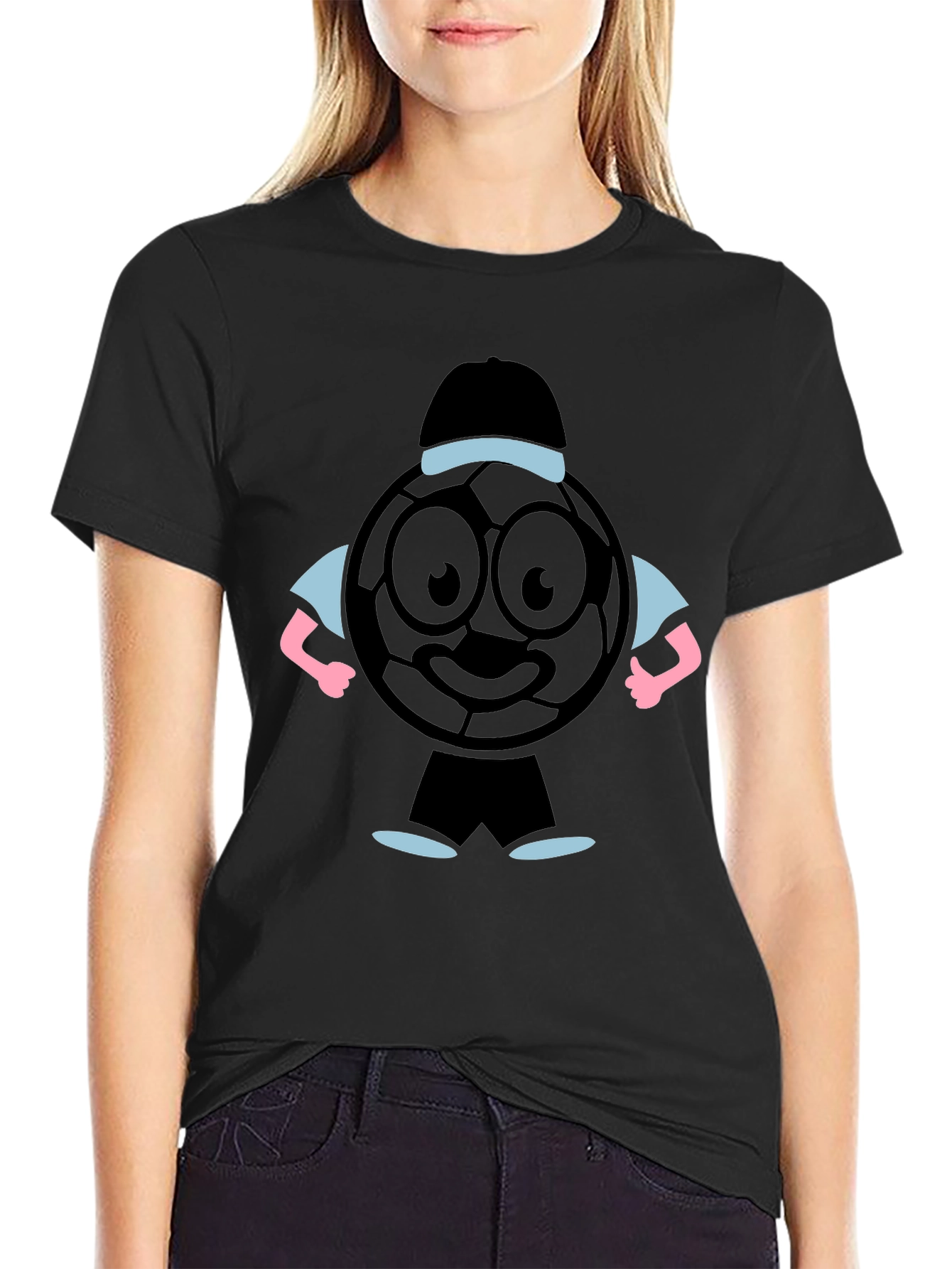 Cartoon Soccer Ball Graphic Tee - Black T-Shirt