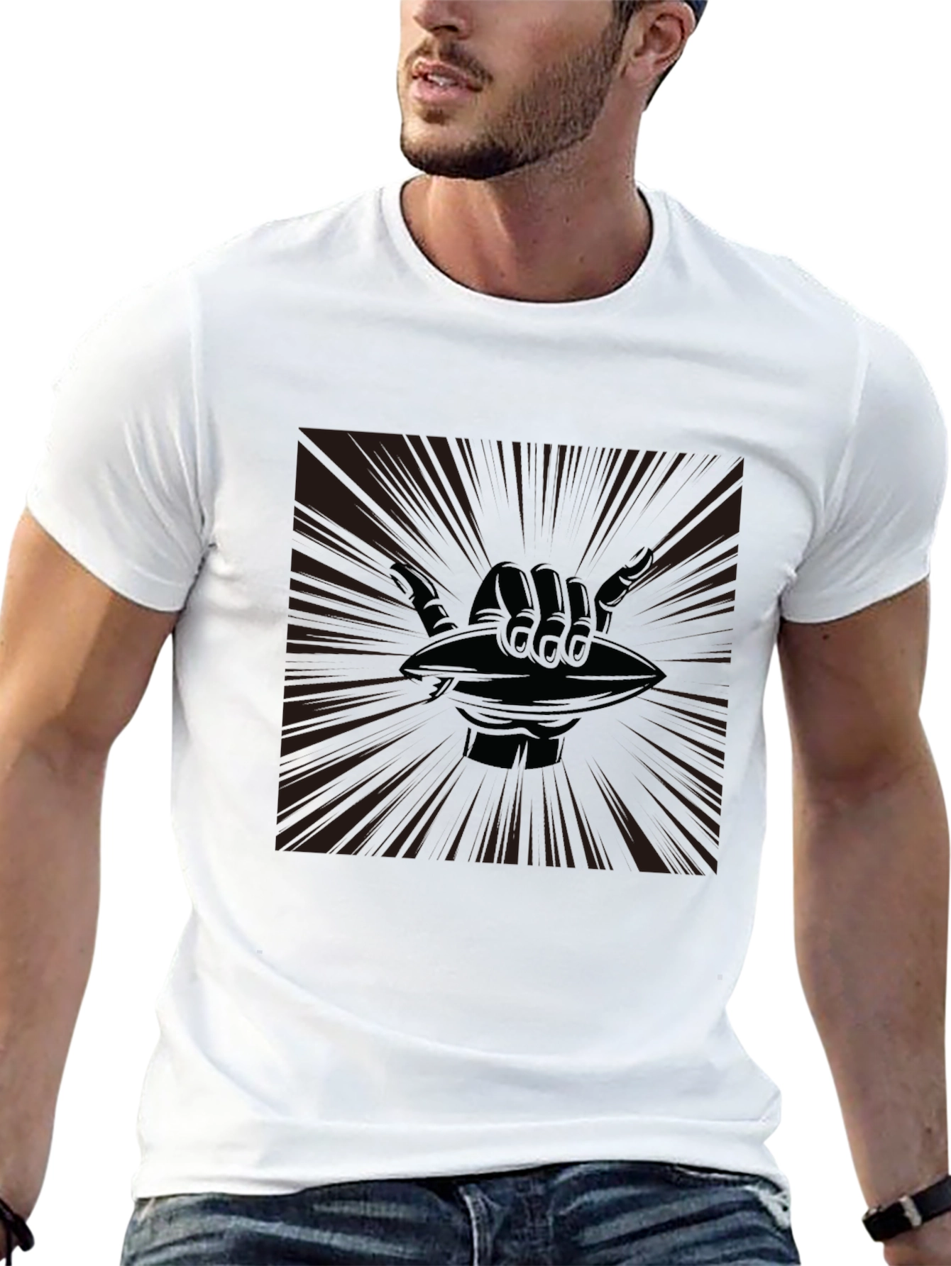 Shaka Hand Football Graphic Tee - Casual Black T-Shirt