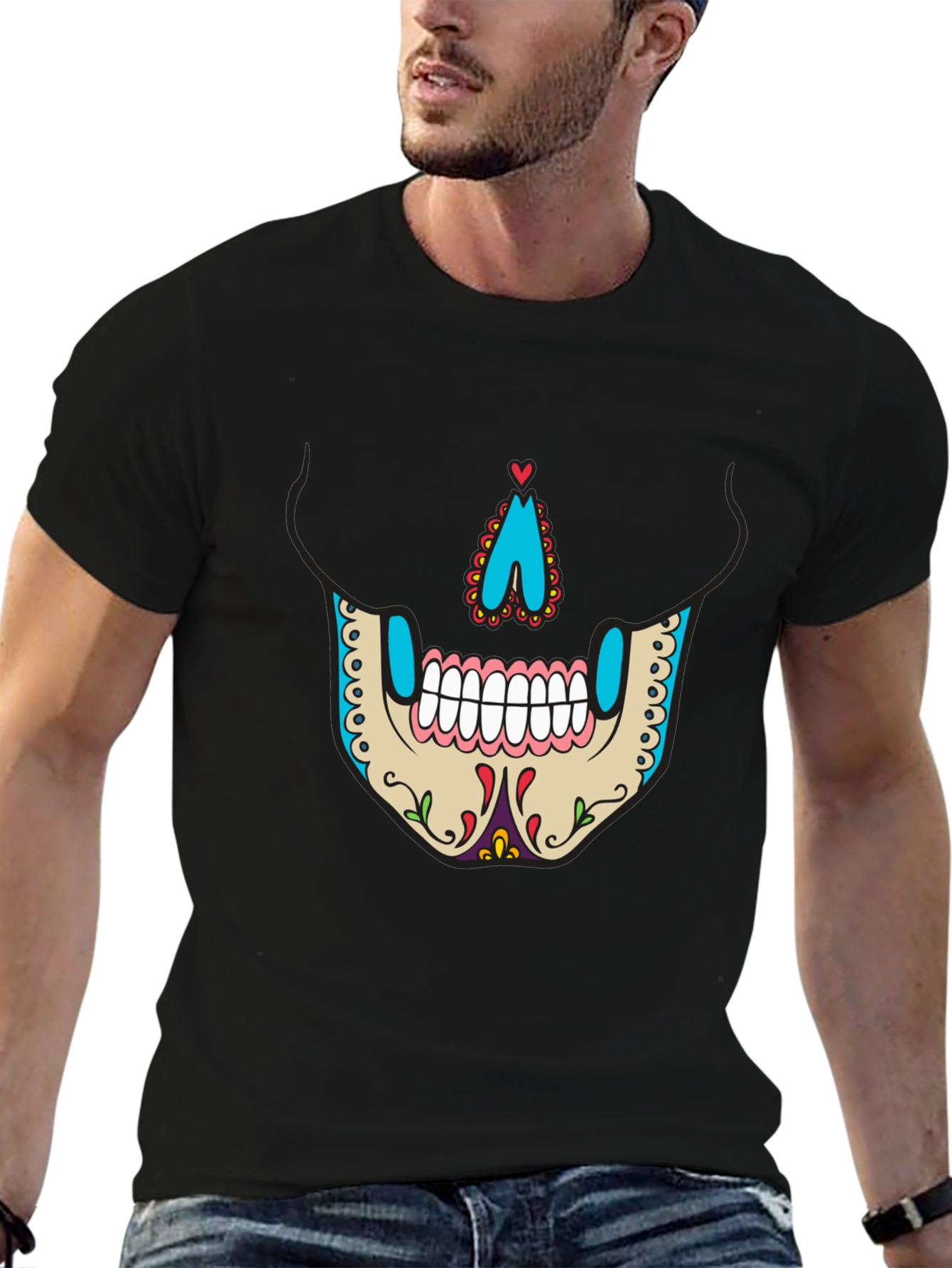 Sugar Skull Face Graphic Tee - Mens Black T-Shirt