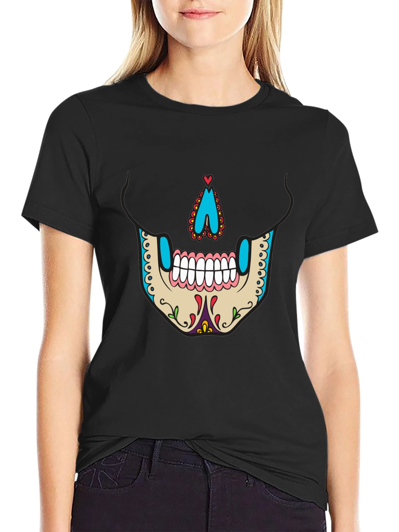 Sugar Skull Face Graphic Tee - Mens Black T-Shirt
