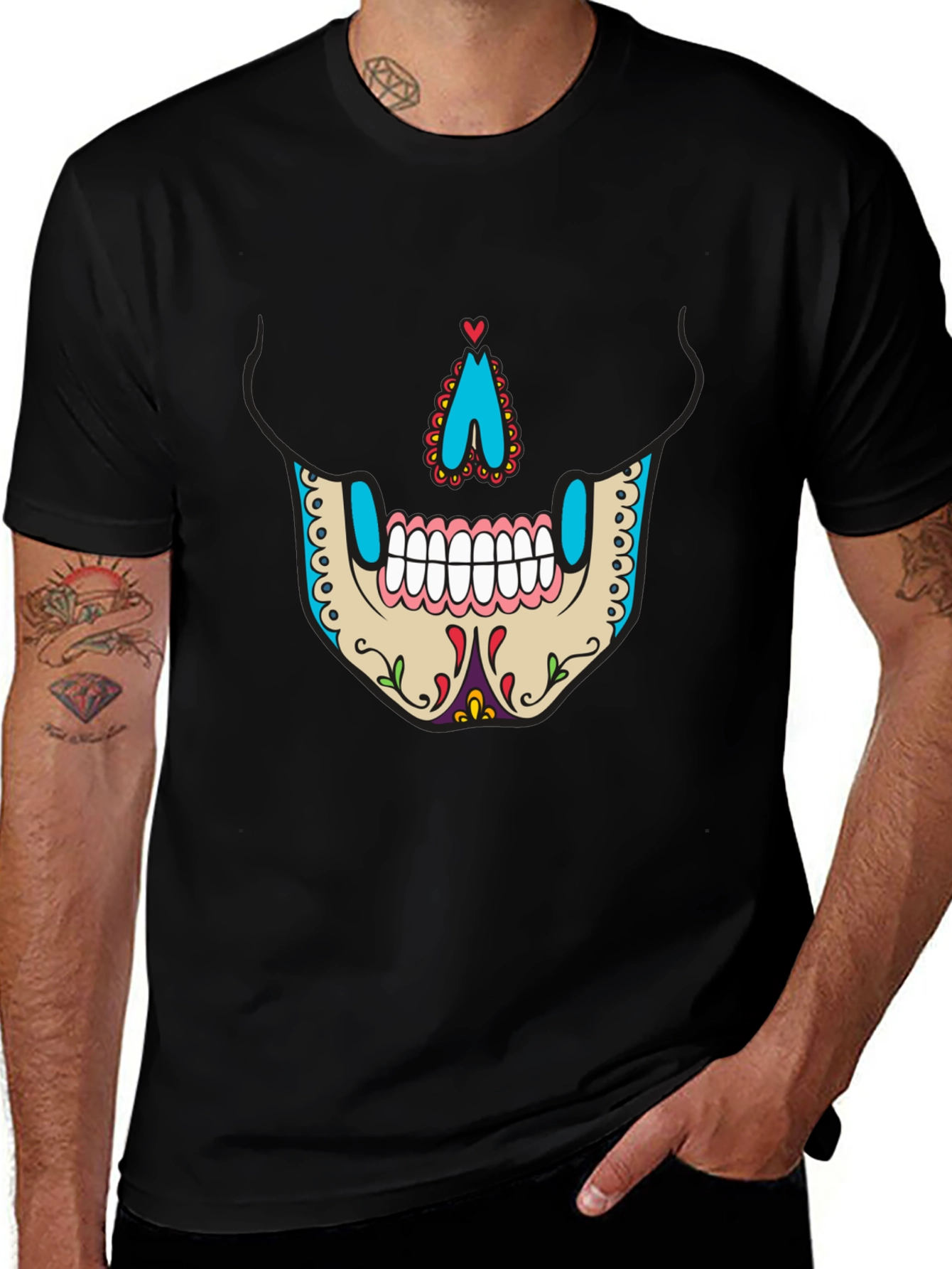 Sugar Skull Face Graphic Tee - Mens Black T-Shirt