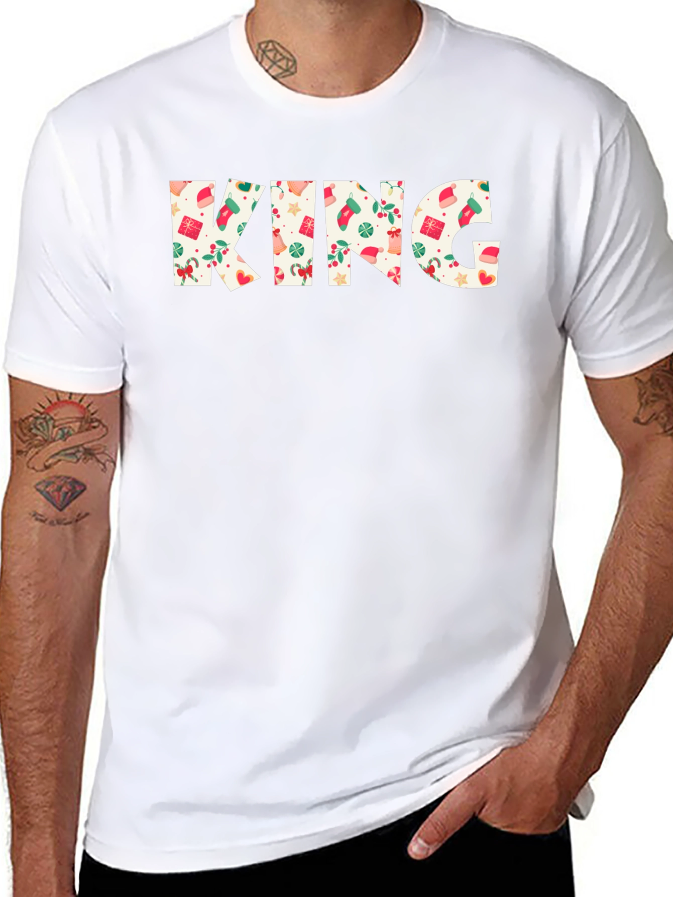 Festive King Christmas Pattern Black T-Shirt