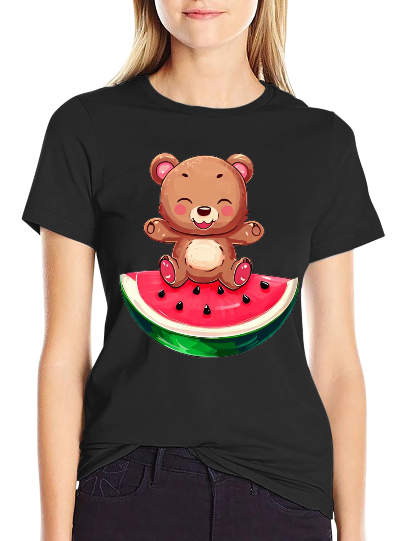 Cute Bear on Watermelon Graphic T-Shirt