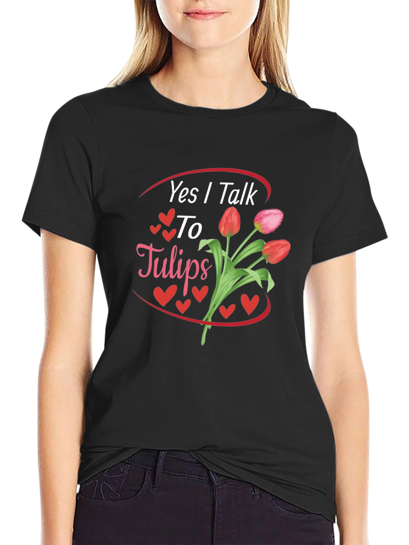 Yes I Talk to Tulips Black Graphic Tee