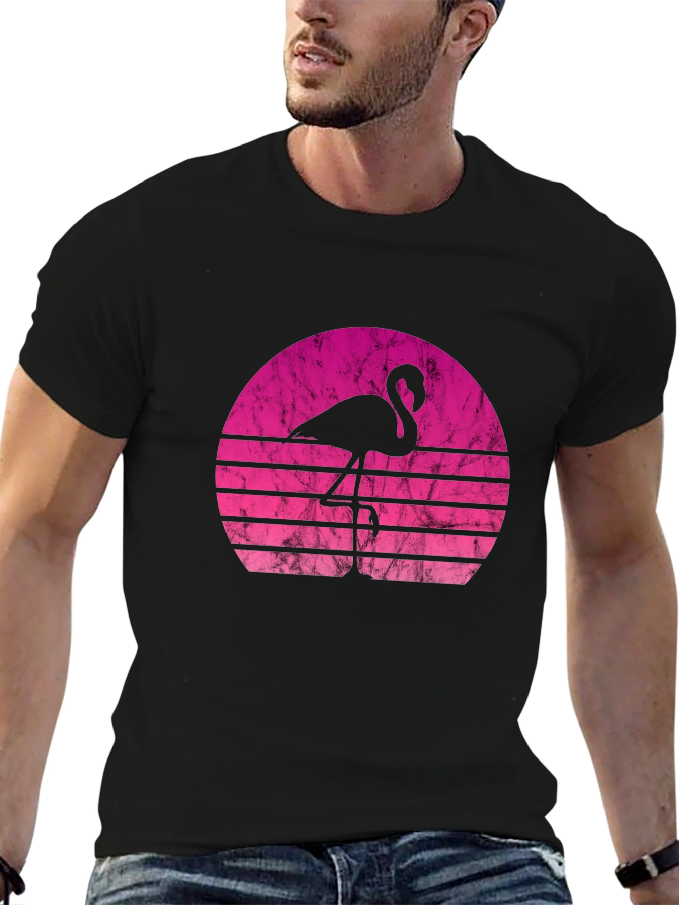 Retro Flamingo Sunset Black T-Shirt