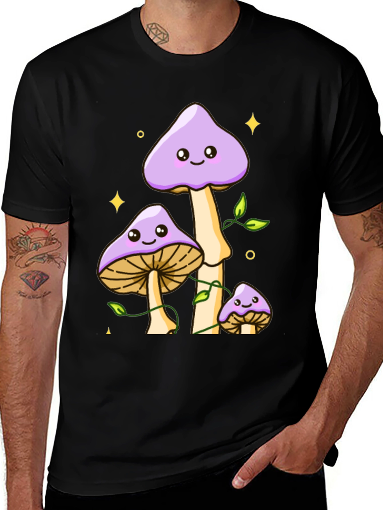 Cute Mushroom Graphic Tee - Black Cotton Shirt