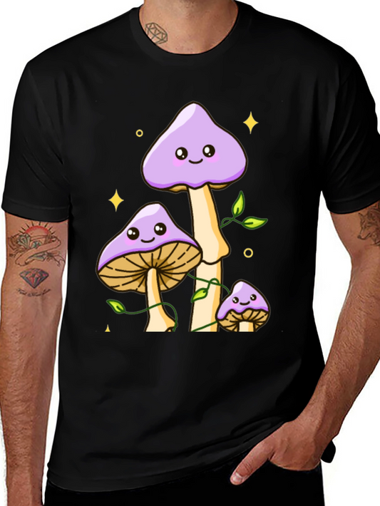 Cute Mushroom Graphic Tee - Black Cotton Shirt
