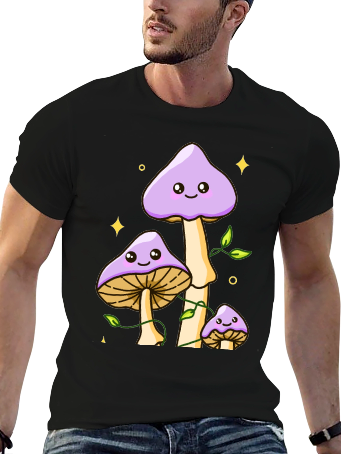 Cute Mushroom Graphic Tee - Black Cotton Shirt