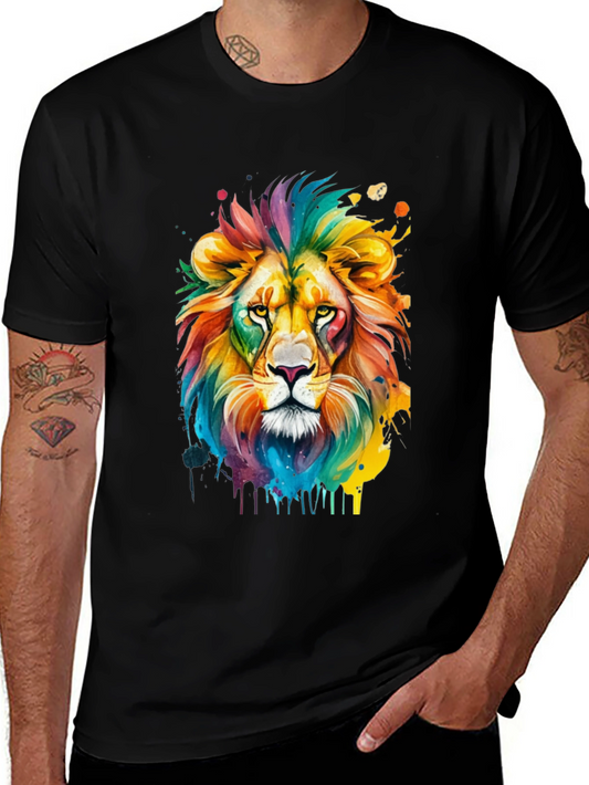 Colorful Lion Graphic Print Black T-Shirt