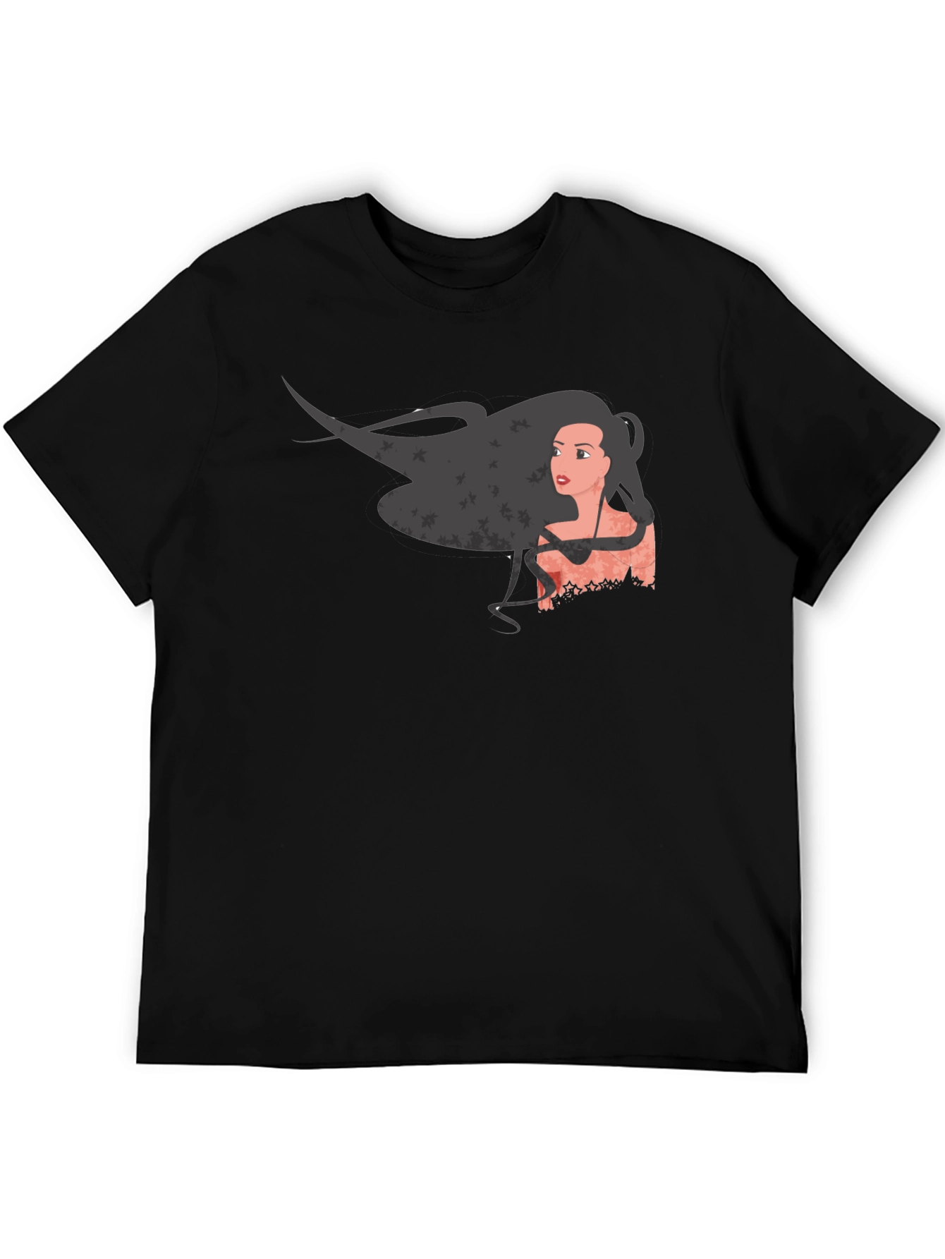 Graphic Print Black T-Shirt - Woman with Flowing Hair