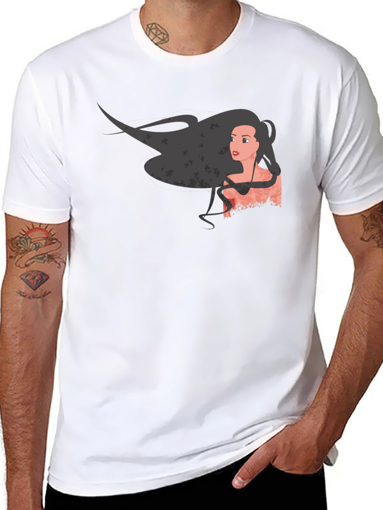 Graphic Print Black T-Shirt - Woman with Flowing Hair