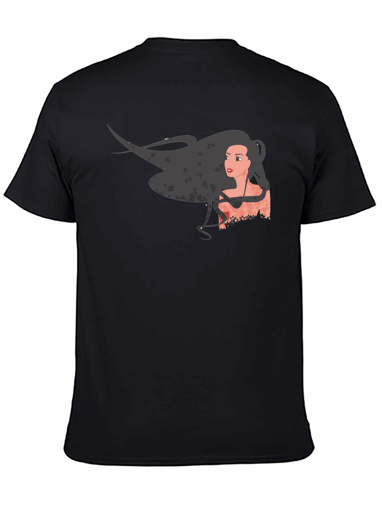 Graphic Print Black T-Shirt - Woman with Flowing Hair