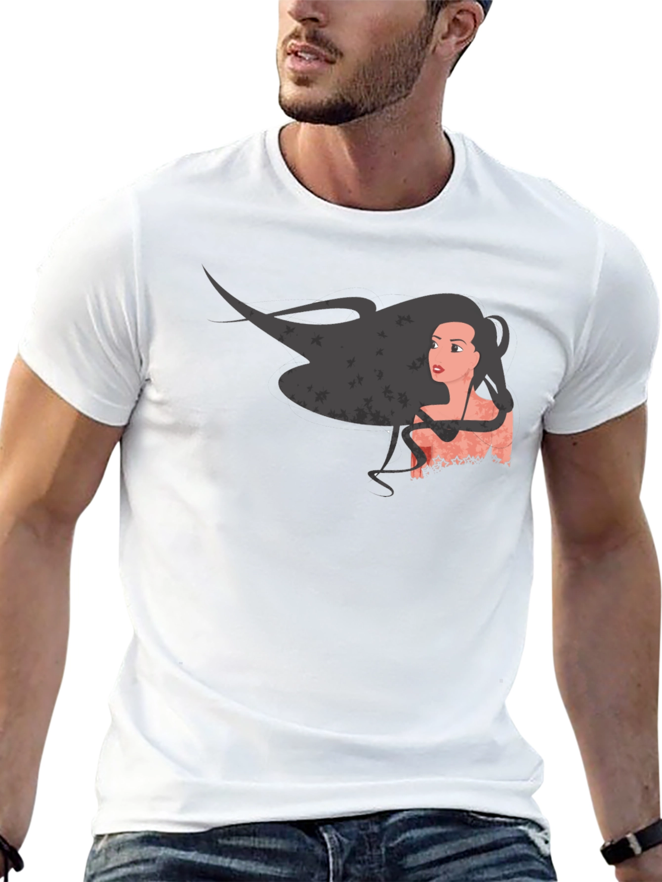 Graphic Print Black T-Shirt - Woman with Flowing Hair