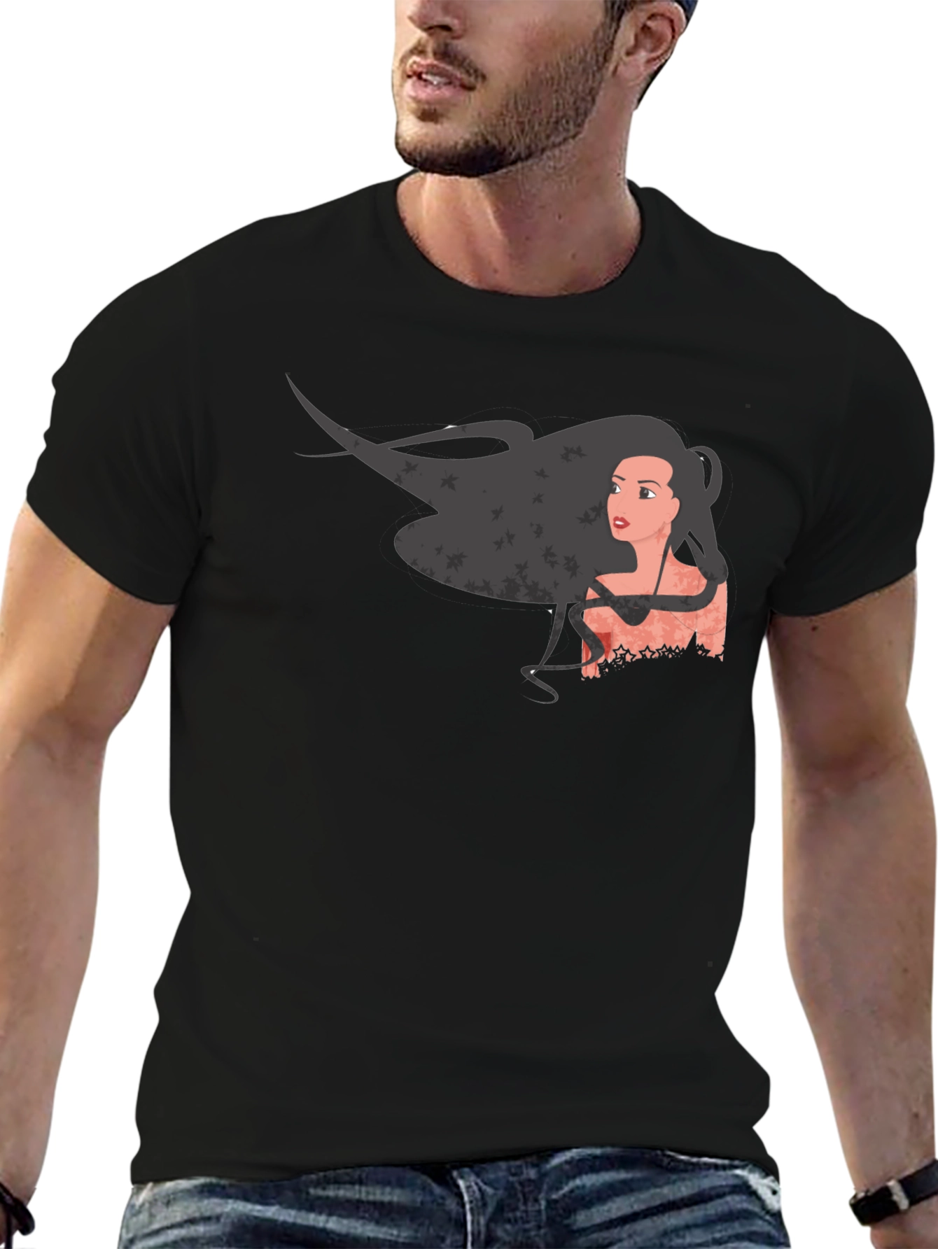 Graphic Print Black T-Shirt - Woman with Flowing Hair