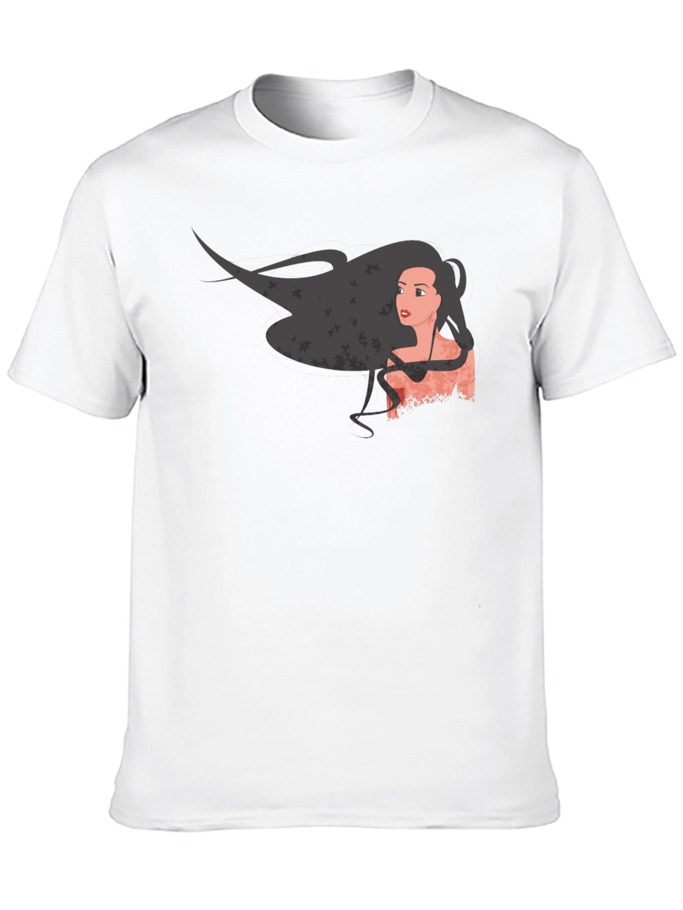 Graphic Print Black T-Shirt - Woman with Flowing Hair