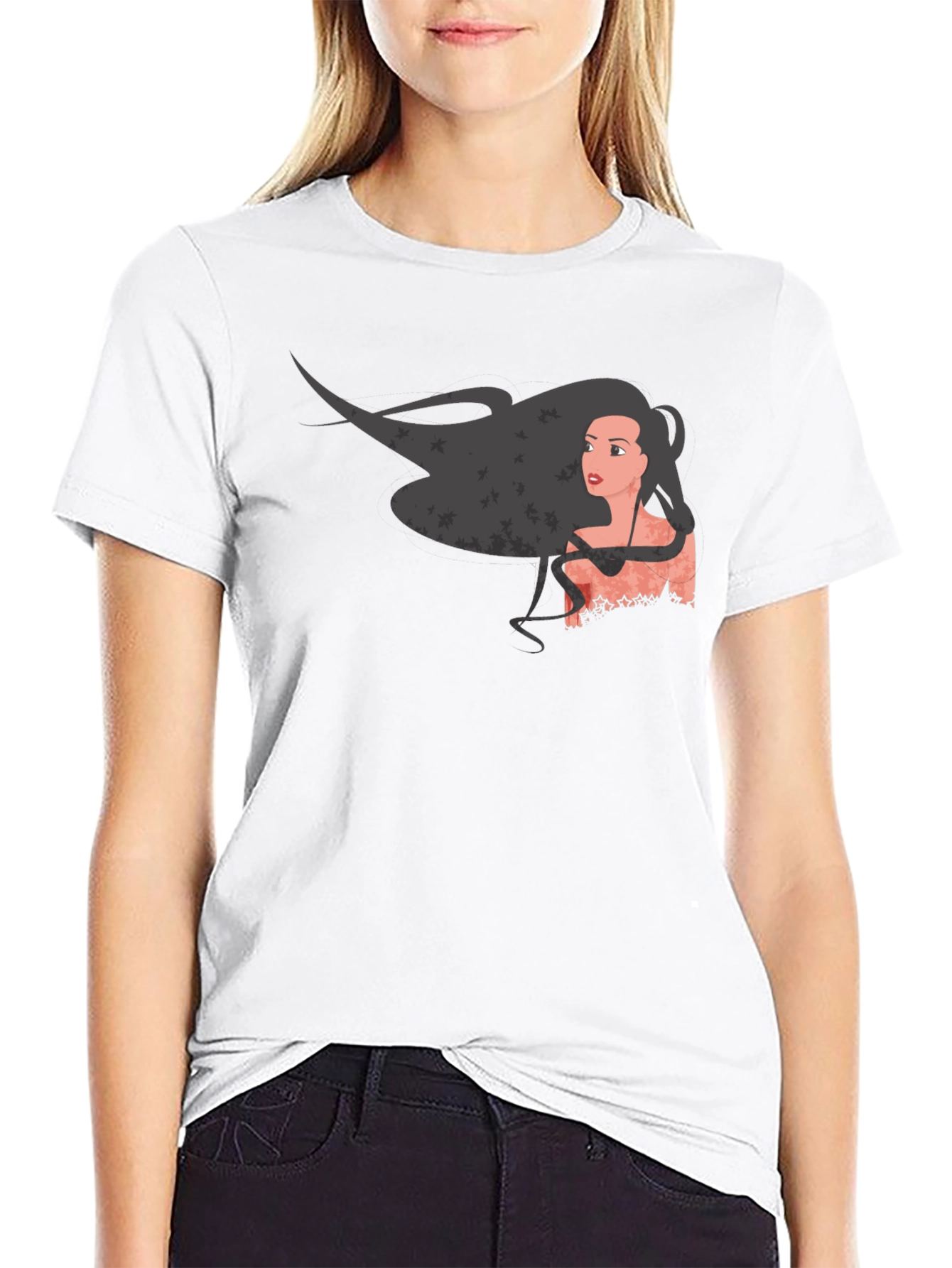Graphic Print Black T-Shirt - Woman with Flowing Hair