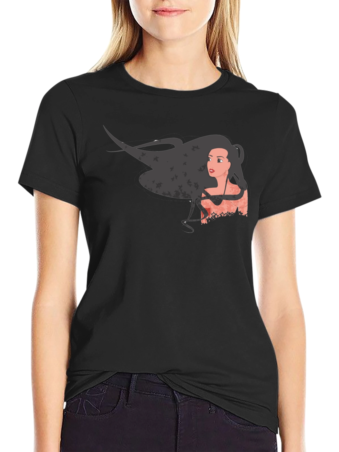 Graphic Print Black T-Shirt - Woman with Flowing Hair