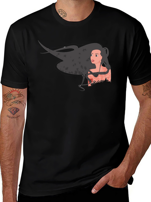 Graphic Print Black T-Shirt - Woman with Flowing Hair