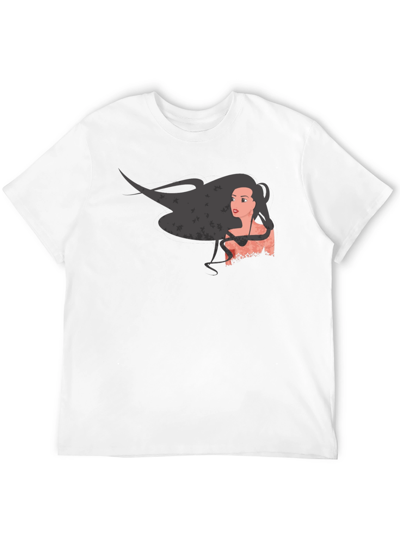 Graphic Print Black T-Shirt - Woman with Flowing Hair