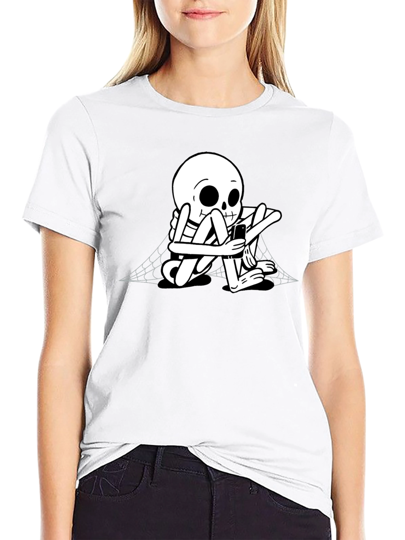 Skeleton on Phone Black Graphic Tee