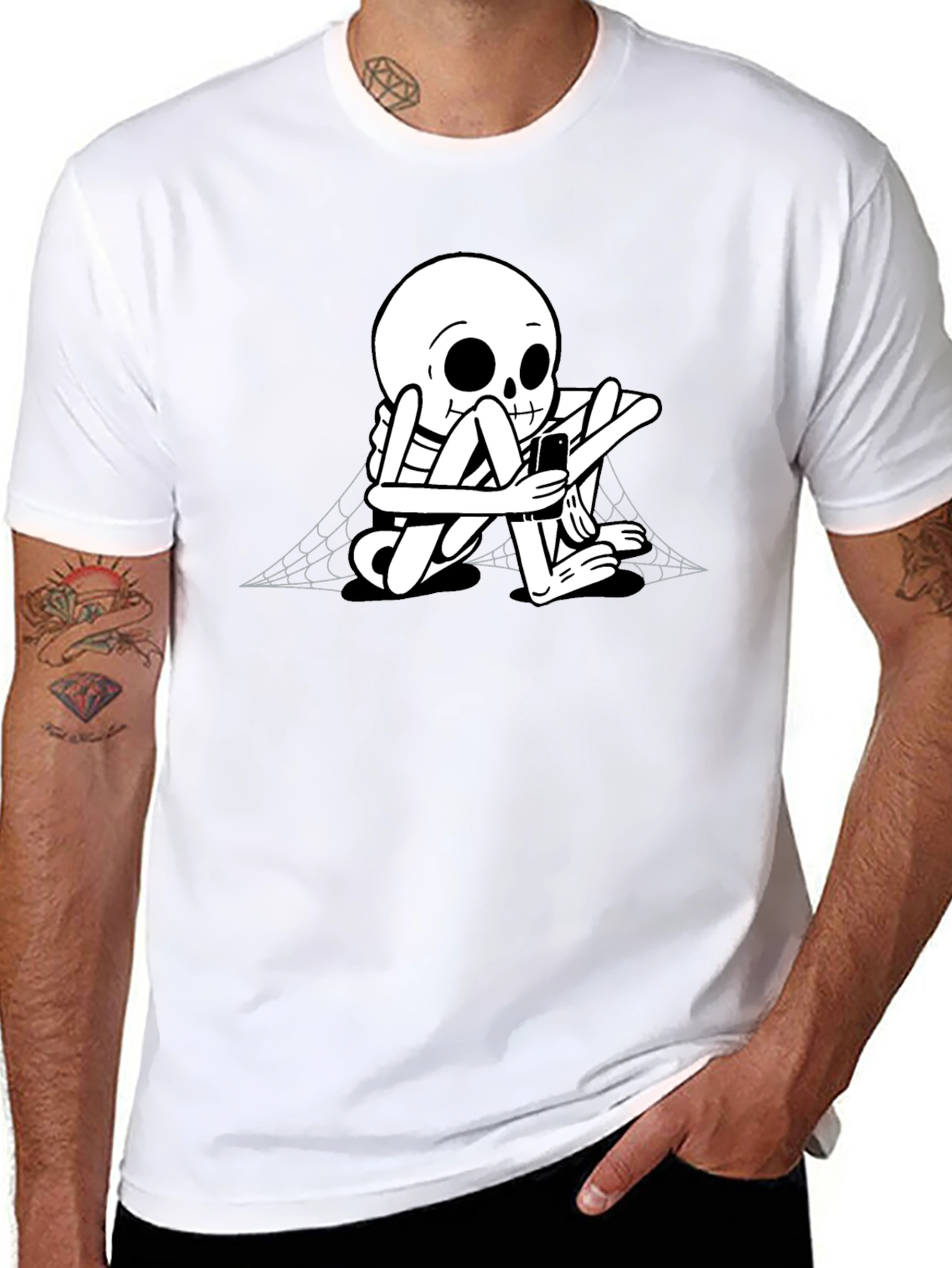 Skeleton on Phone Black Graphic Tee