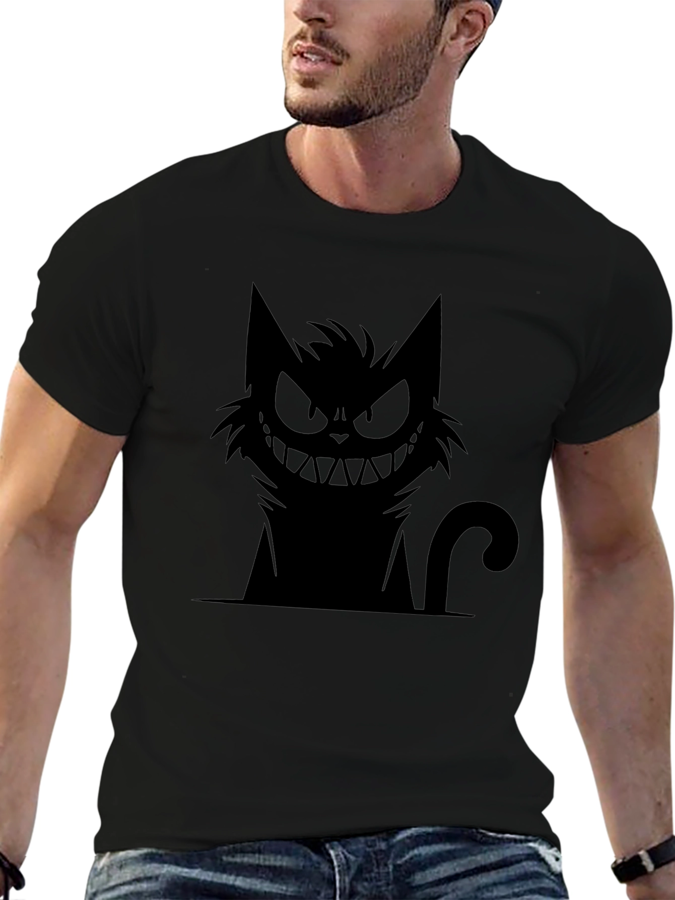 Grinning Cat Graphic Tee - Black Cotton T-Shirt