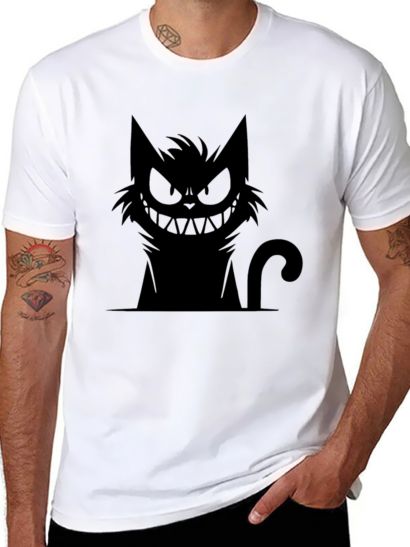 Grinning Cat Graphic Tee - Black Cotton T-Shirt