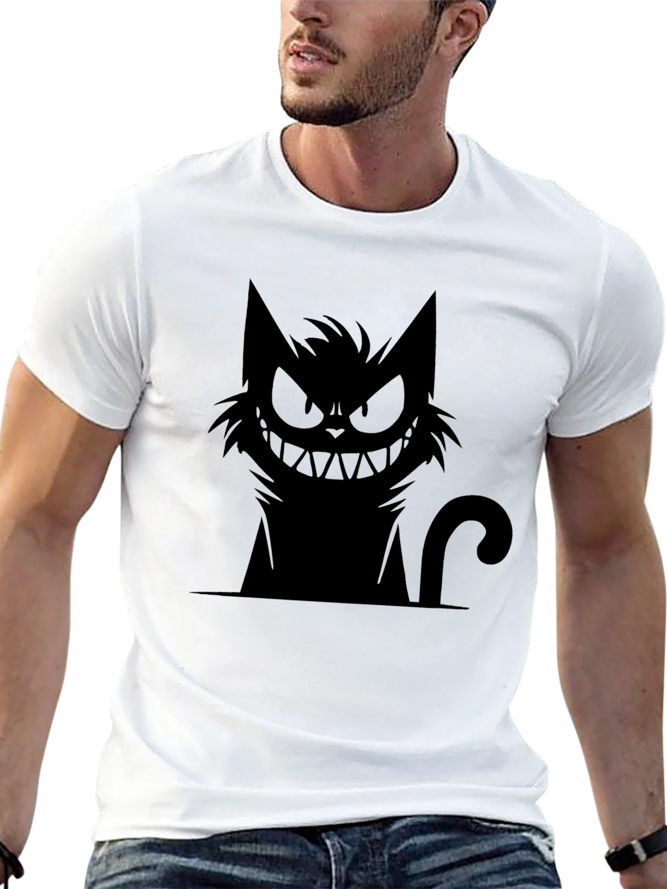 Grinning Cat Graphic Tee - Black Cotton T-Shirt