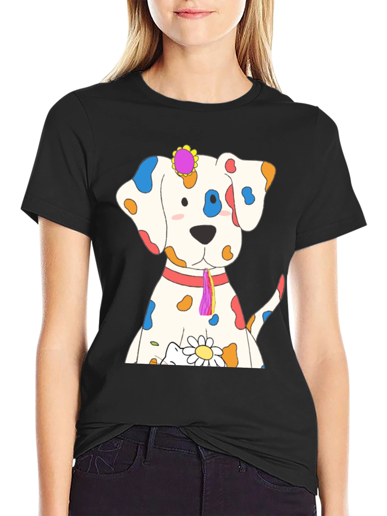 Whimsical Dog Print Black T-Shirt