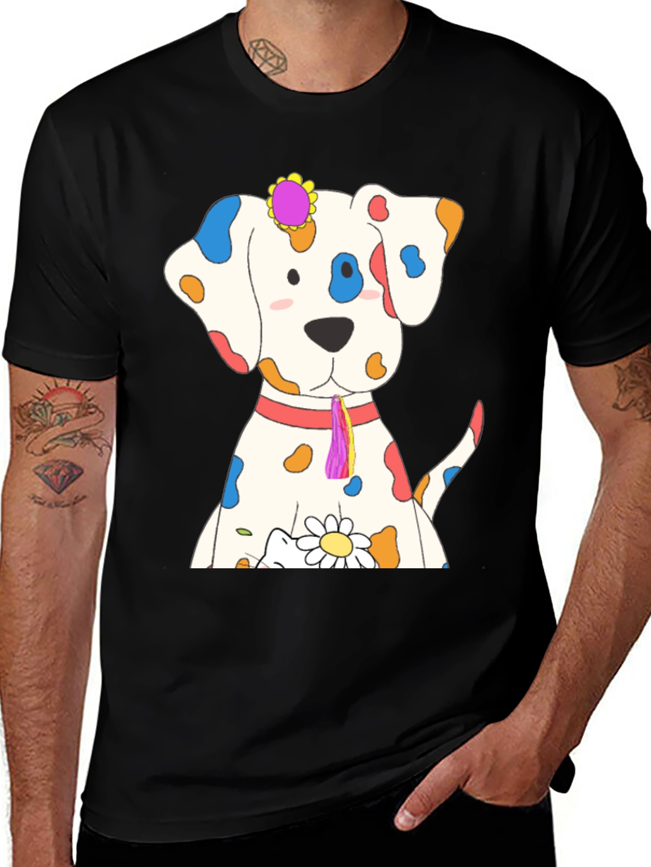 Whimsical Dog Print Black T-Shirt