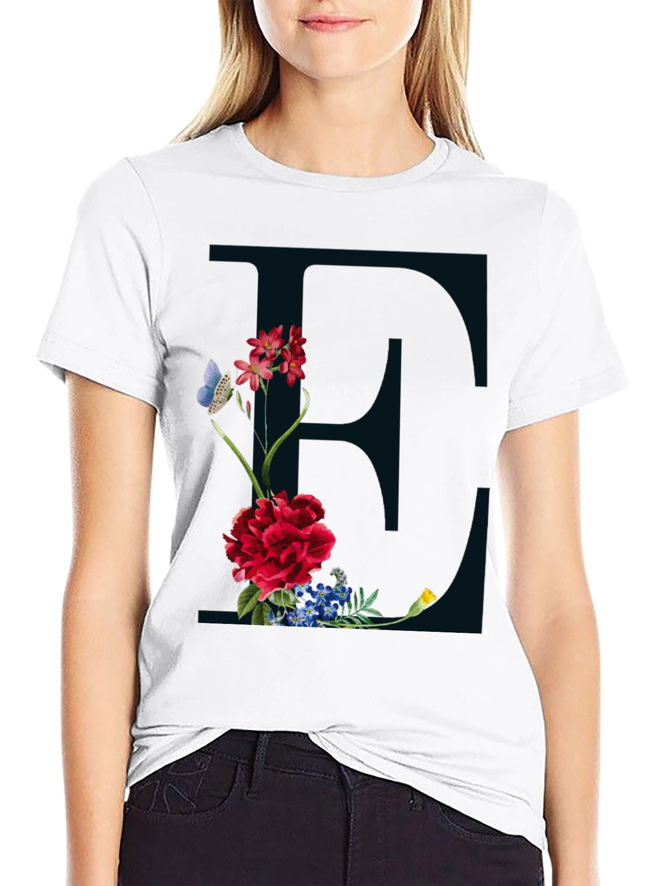 Floral Letter E Black T-Shirt