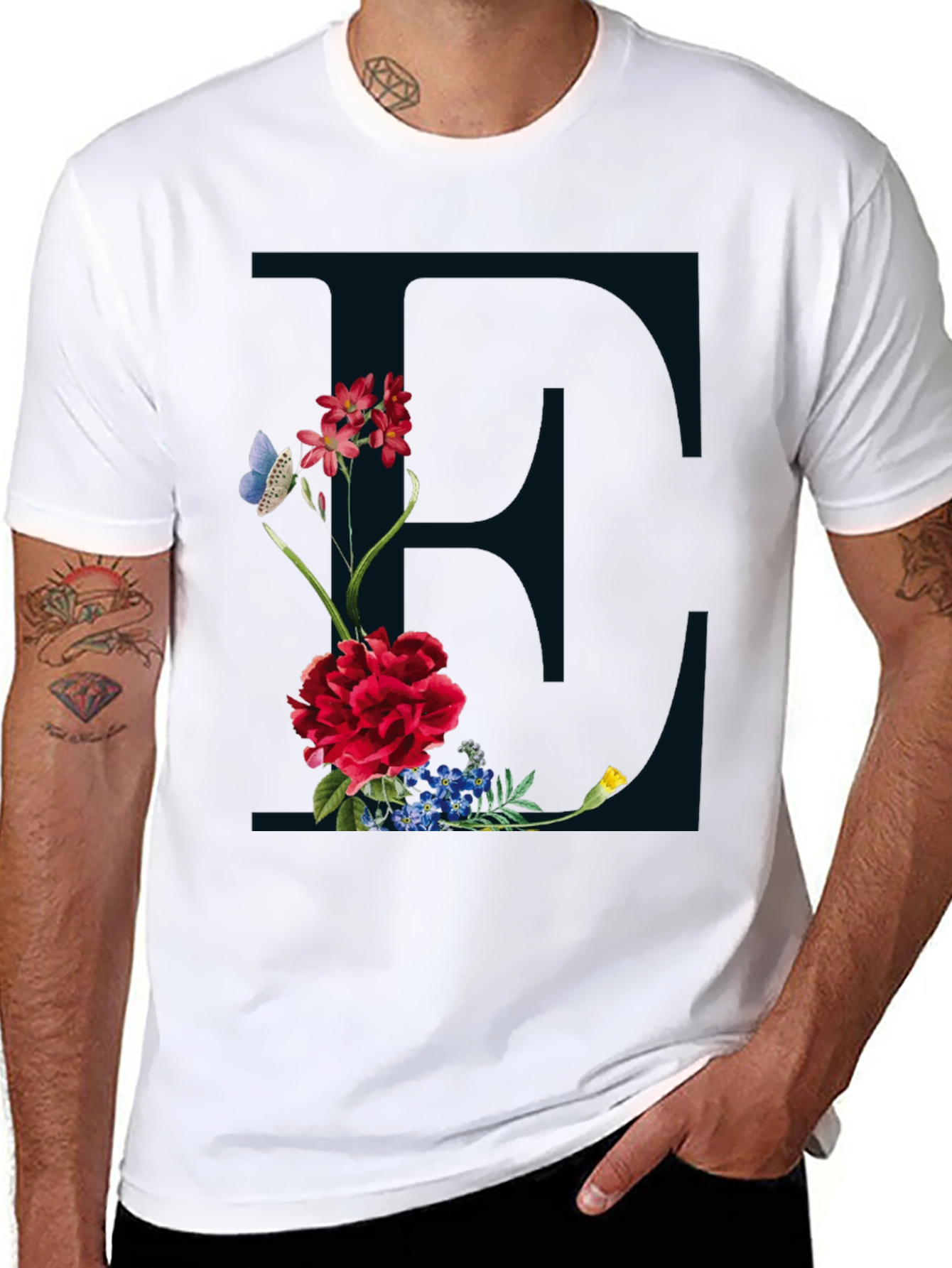 Floral Letter E Black T-Shirt