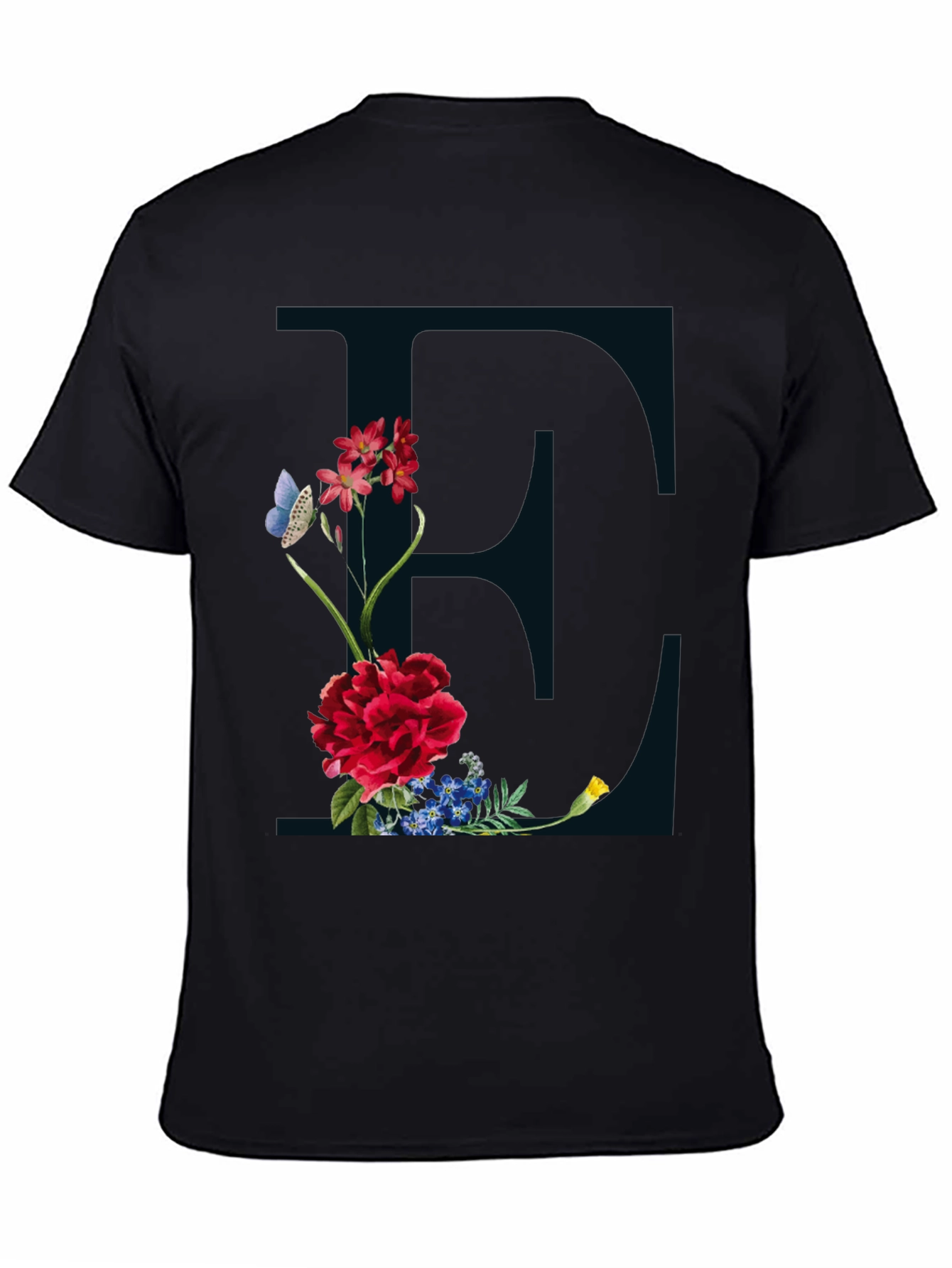 Floral Letter E Black T-Shirt