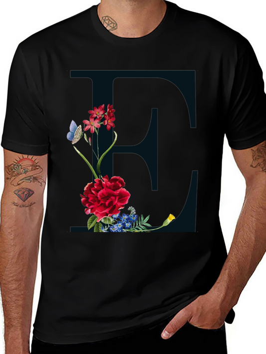 Floral Letter E Black T-Shirt