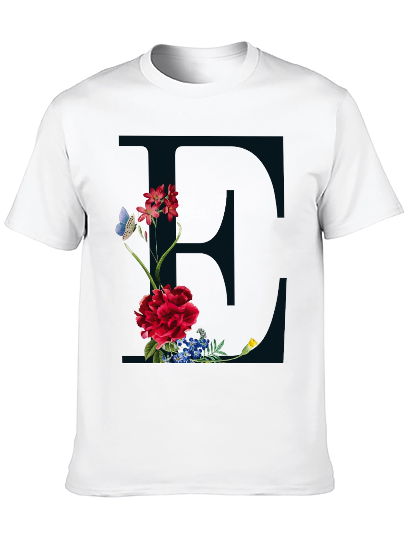 Floral Letter E Black T-Shirt